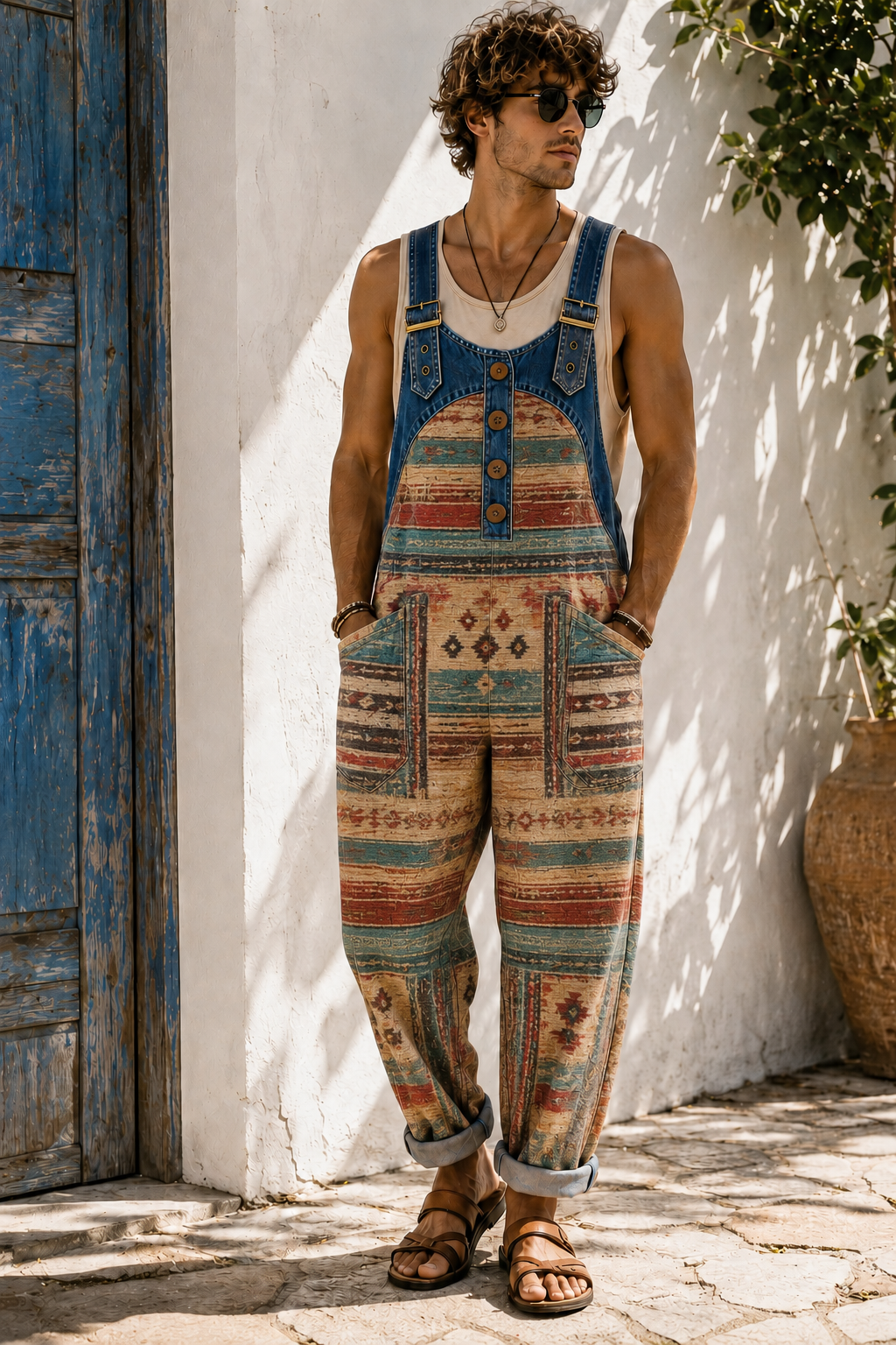 Men's Retro Art Print Casual Sleeveless Denim Patchwork Jumpsuit